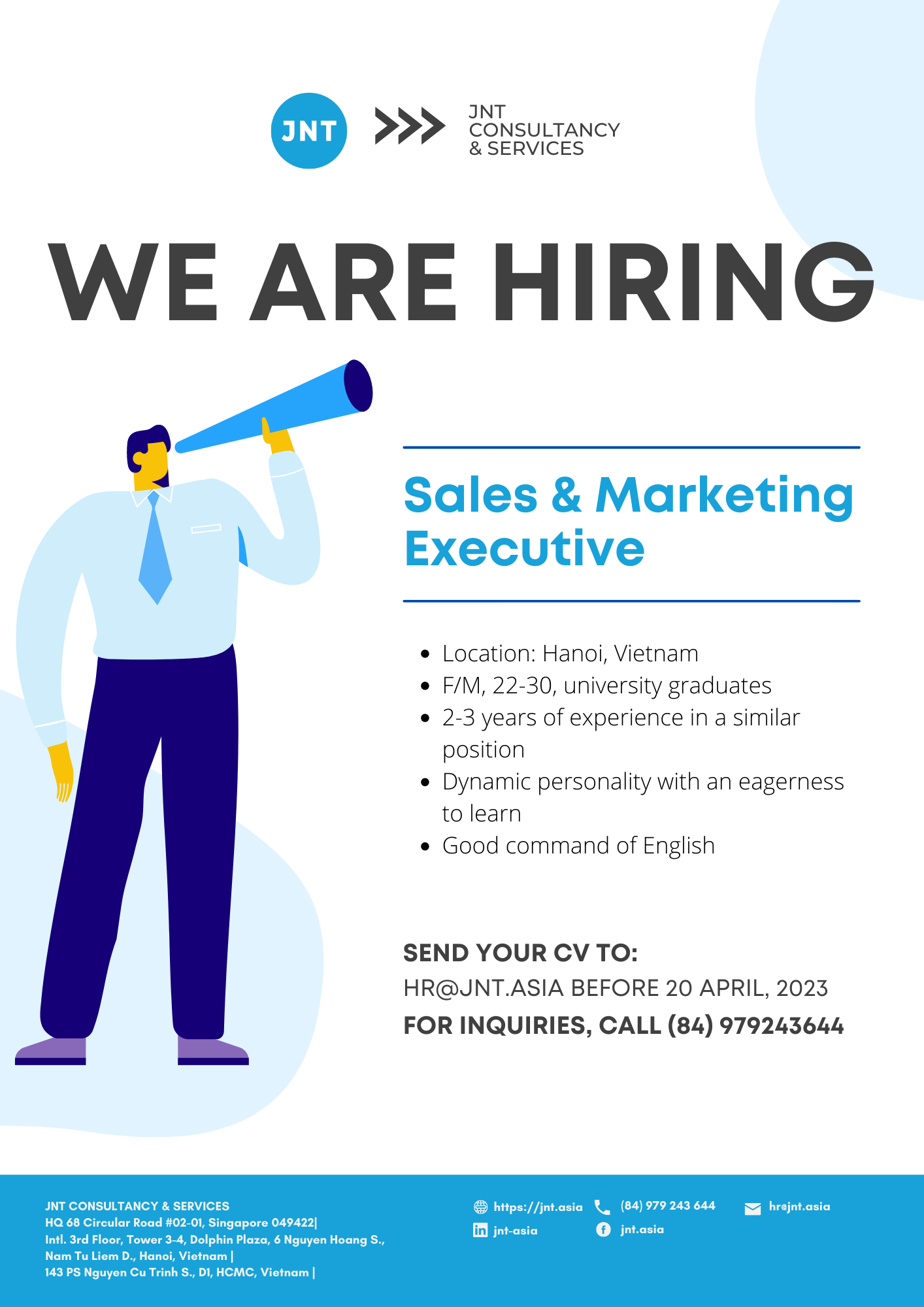 JNT Consultancy & Services hiring sales & marketing executive